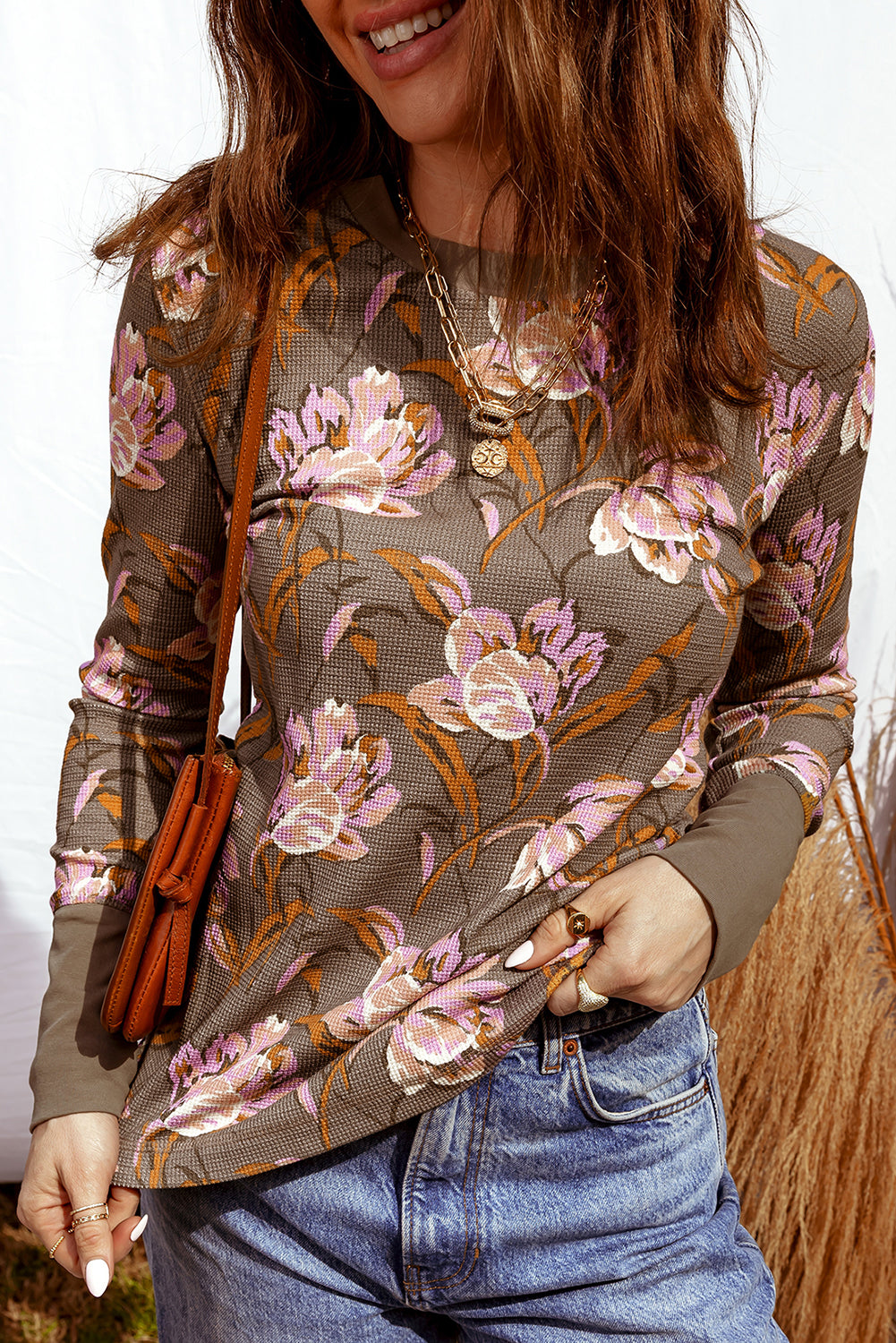 Brown Floral Print Waffle Textured Long Sleeve Top-Tops/Long Sleeve Tops-[Adult]-[Female]-Brown-S-2022 Online Blue Zone Planet