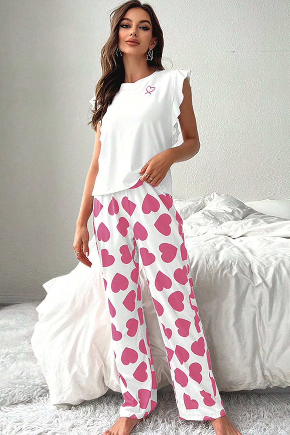 Blue Zone Planet | Red Heart Print Ruffle Sleeveless Top and Pants Valentines Pajama Set-Loungewear Set-[Adult]-[Female]-2022 Online Blue Zone Planet