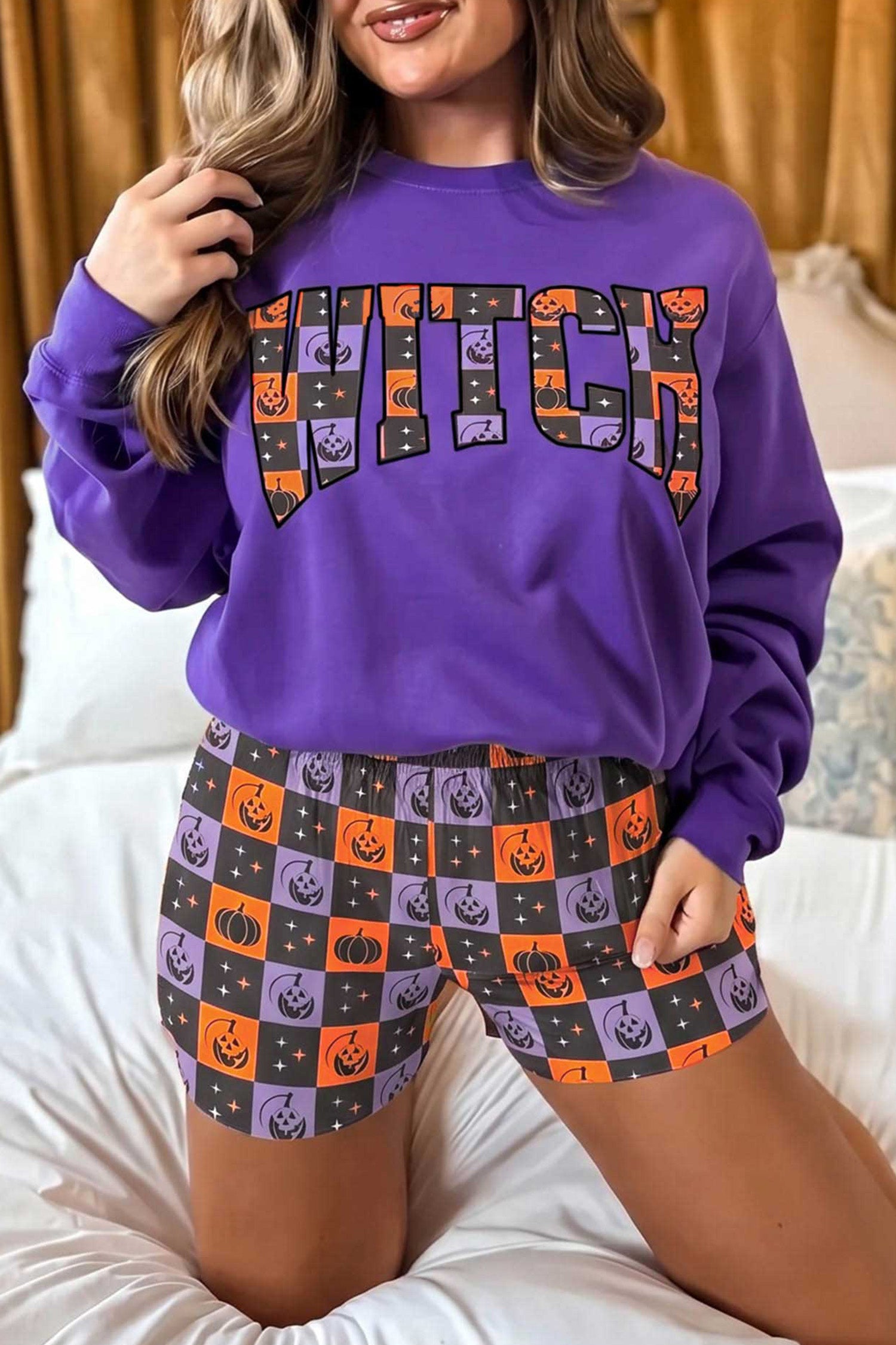 Orange Witch Letter Print Long Sleeve Top Checkered Elastic Waist Shorts Set-Two Piece Sets/Short Sets-[Adult]-[Female]-Orange-S-2022 Online Blue Zone Planet