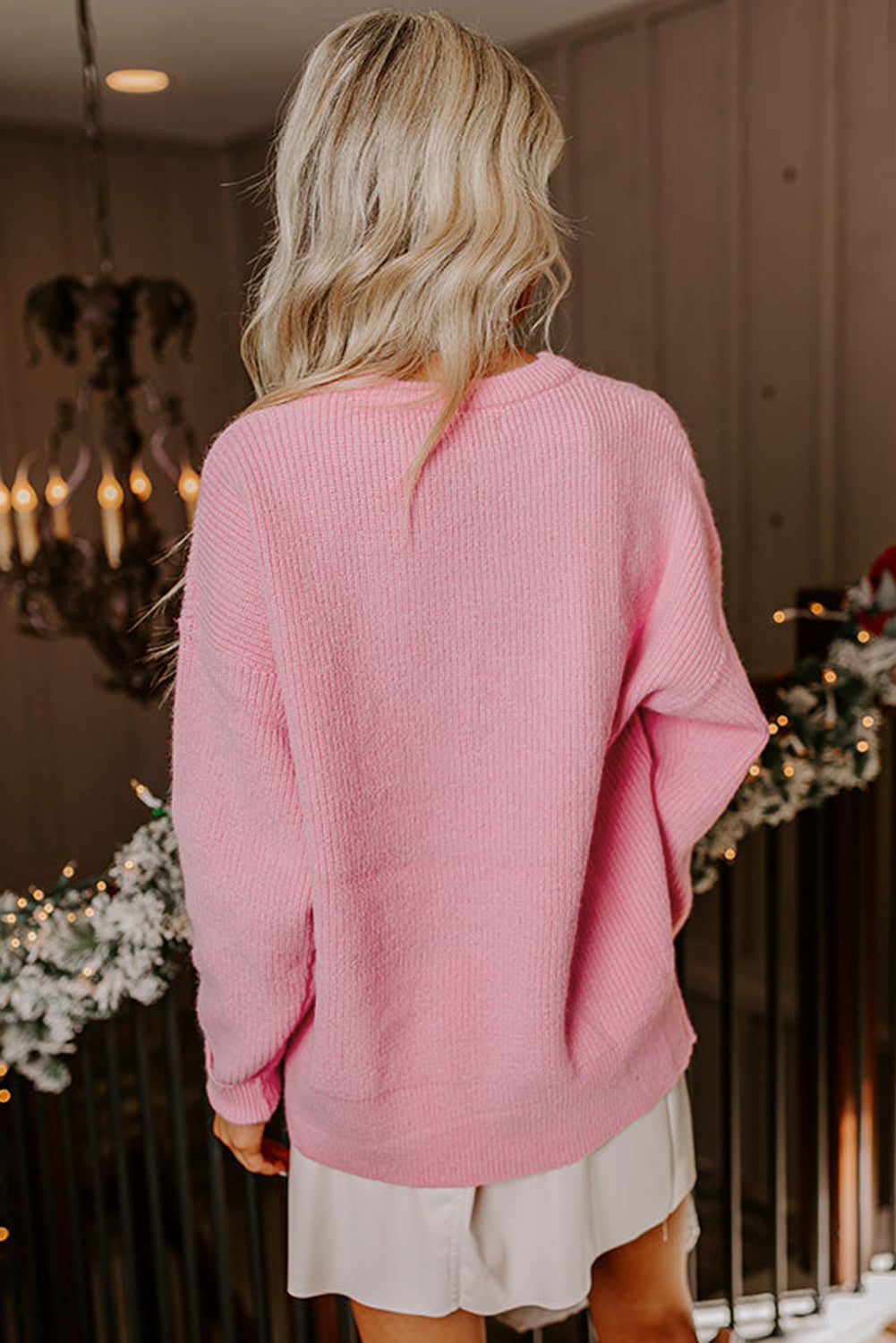 Pink Merry Candy Cane Puffy Knit Crew Neck Sweater-TOPS / DRESSES-[Adult]-[Female]-2022 Online Blue Zone Planet