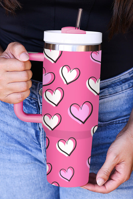 Rose Red Valentines Heart Printed Thermos Cup with Handle 40oz-Accessories/Tumblers-[Adult]-[Female]-Rose Red-ONE SIZE-2022 Online Blue Zone Planet