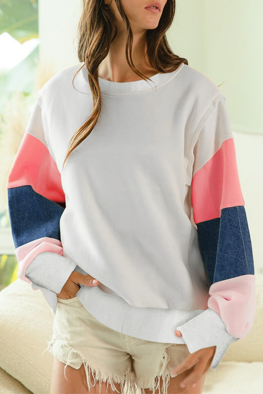 Blue Zone Planet | White French Terry Color Block Long Sleeve Top-Tops/Long Sleeve Tops-[Adult]-[Female]-White-S-2022 Online Blue Zone Planet