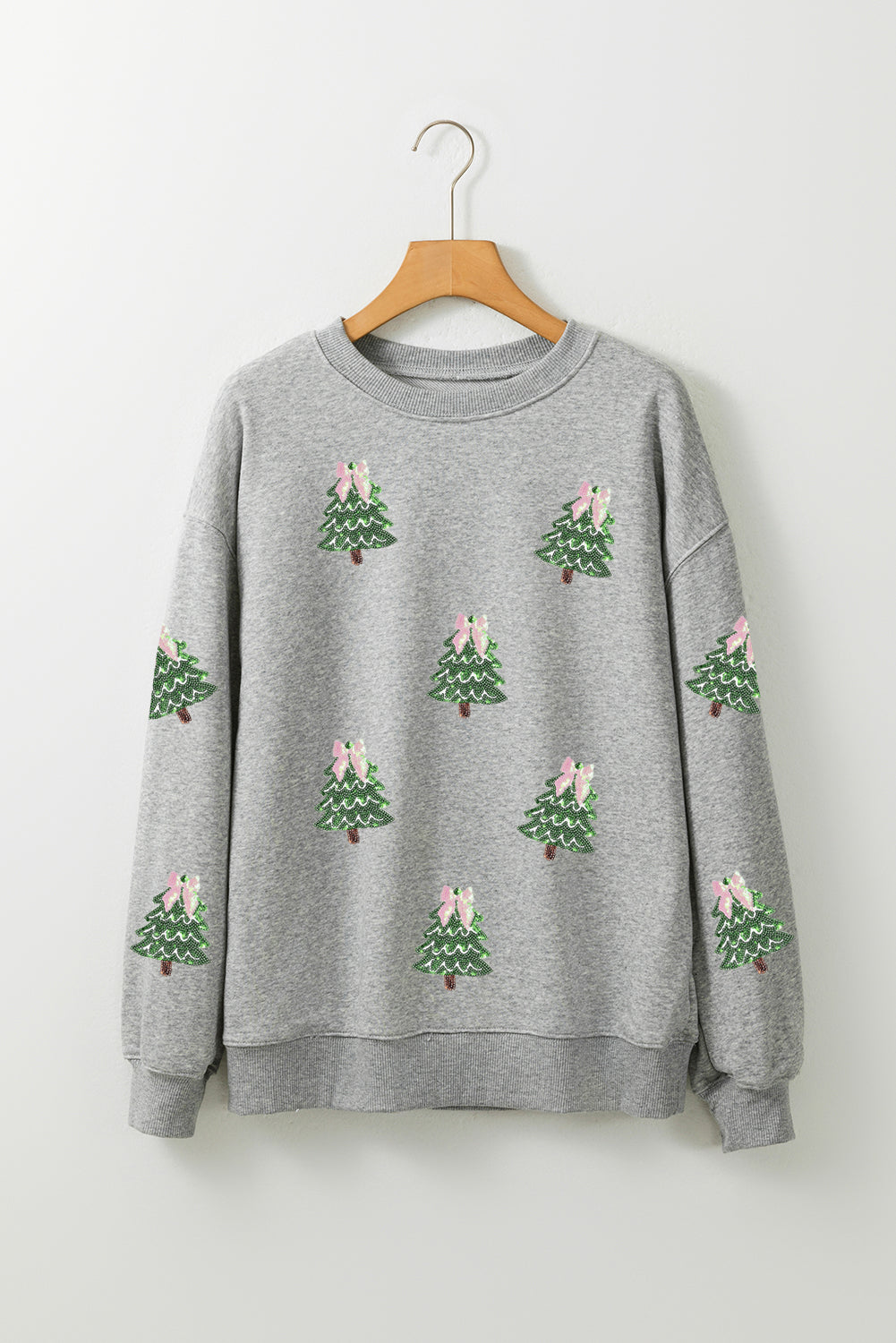 Gray Sequined Xmas Tree Patched Patterned Holiday Pullover Sweatshirt-Graphic/Graphic Sweatshirts-[Adult]-[Female]-2022 Online Blue Zone Planet