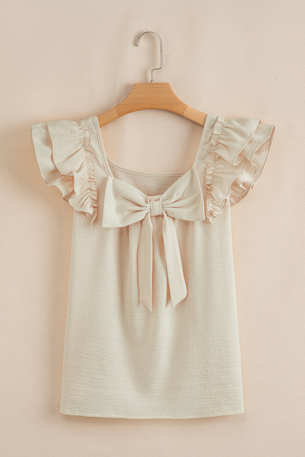 Beige Textured Bow Knot Frilled Butterfly Sleeve Blouse-Tops/Blouses & Shirts-[Adult]-[Female]-2022 Online Blue Zone Planet