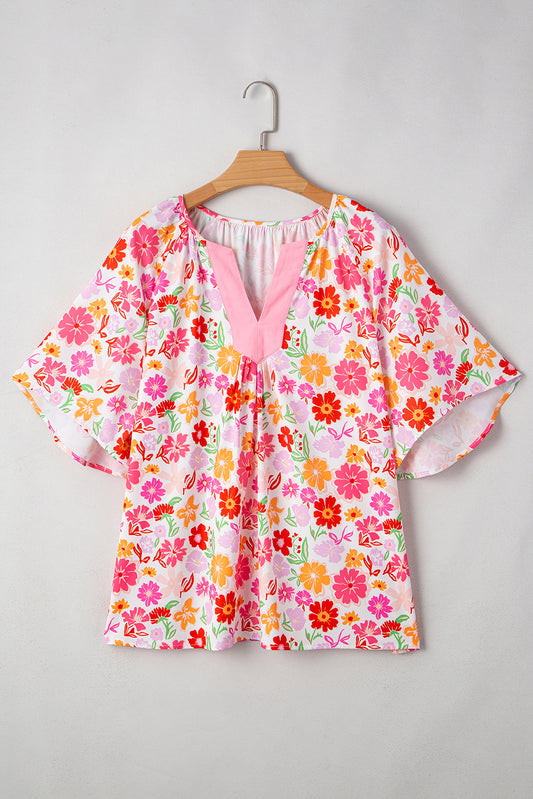 White Floral Split V Neck Wide Short Sleeve Plus Size Blouse Top-Plus Size/Plus Size Tops/Plus Size Blouses & Shirts-[Adult]-[Female]-White-1X-2022 Online Blue Zone Planet