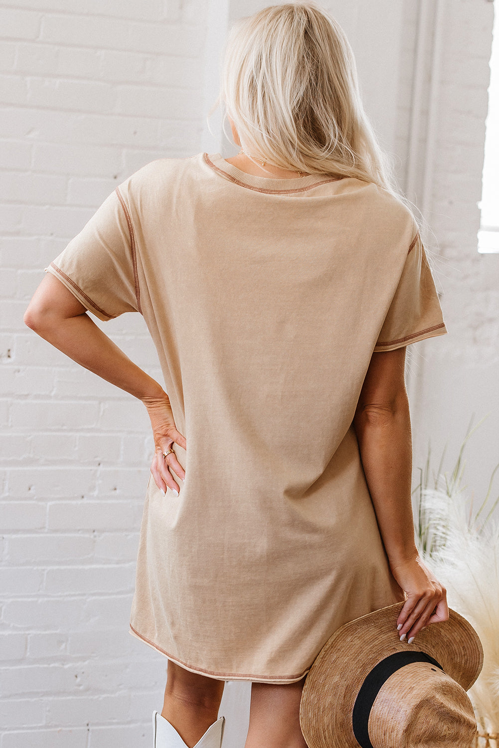 Pale Khaki Mineral Wash Stud Beaded Star Graphic Pocketed T Shirt Dress-TOPS / DRESSES-[Adult]-[Female]-2022 Online Blue Zone Planet