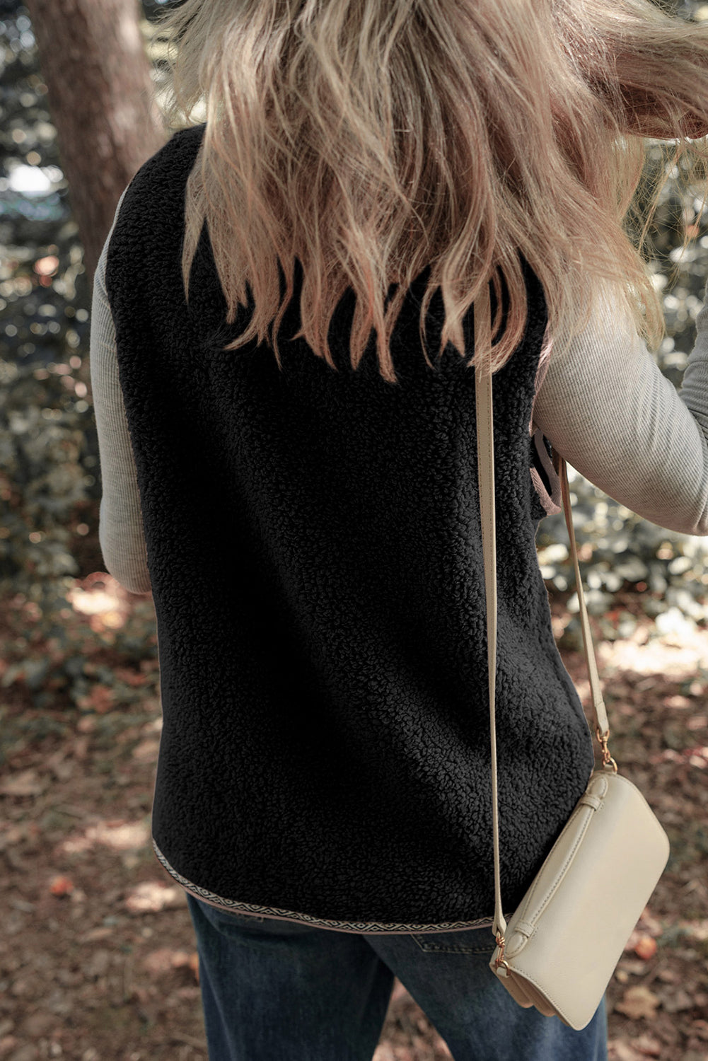 Dark Grey Sherpa Contrast Trim Patch Pocket Cartridge Toggle Button Vest-Outerwear/Vests-[Adult]-[Female]-2022 Online Blue Zone Planet