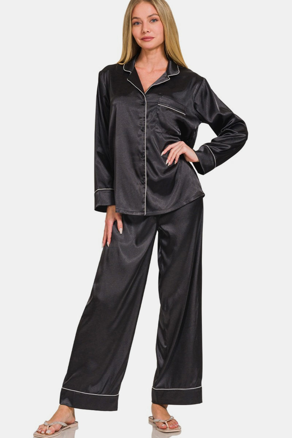 Zenana Satin Long Sleeve Shirt and Pants Pajama Set-TOPS / DRESSES-[Adult]-[Female]-Black-S-2022 Online Blue Zone Planet