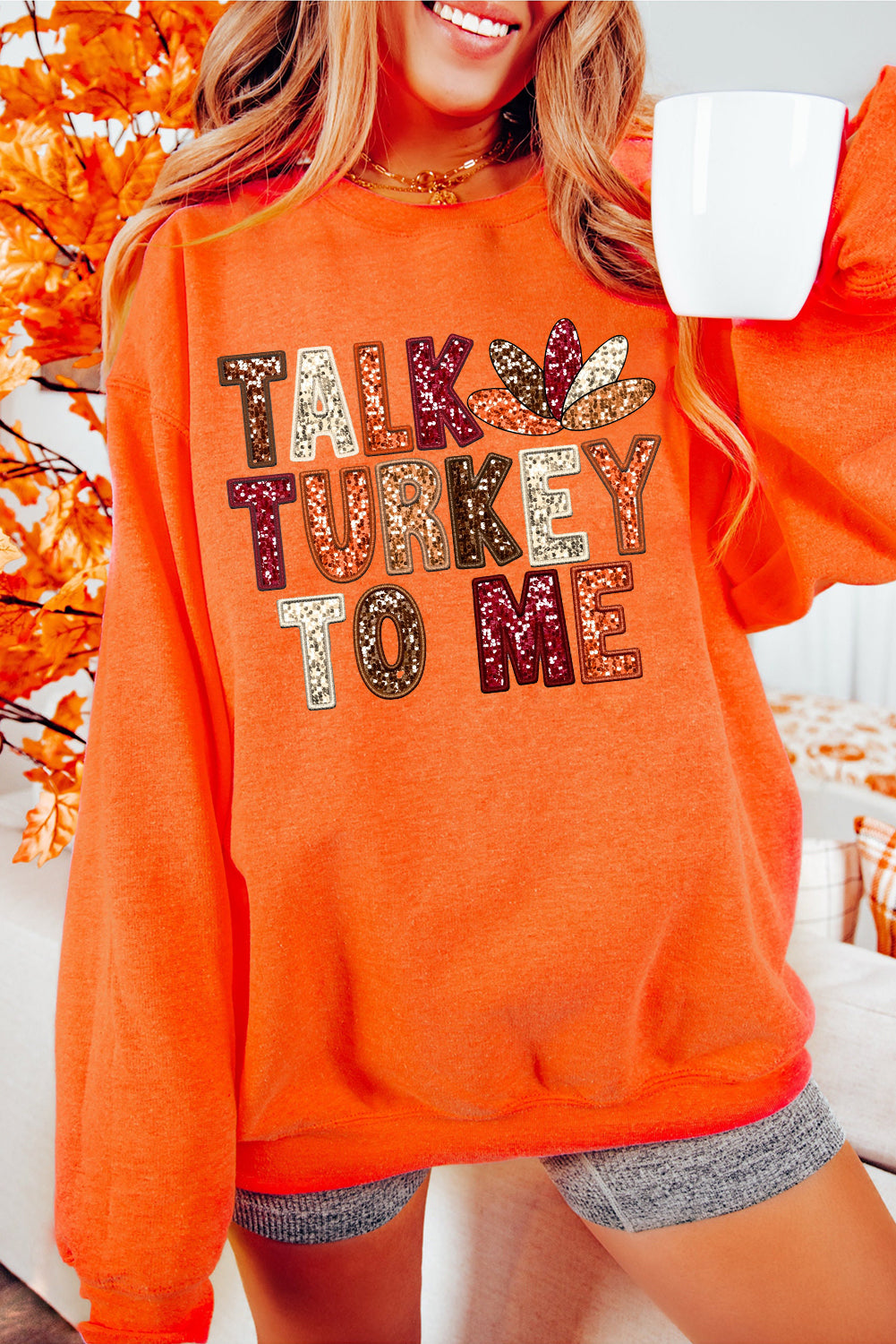 Orange TALK TURKEY TO ME Heat Transfer Printing Graphic Thanksgiving Holiday Sweatshirt-Graphic/Graphic Sweatshirts-[Adult]-[Female]-Orange-S-2022 Online Blue Zone Planet