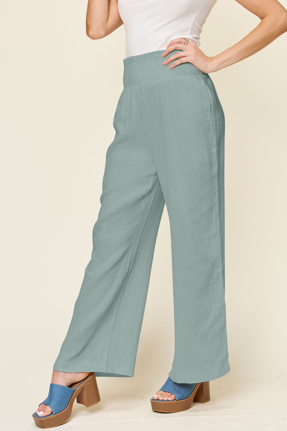 Double Take Full Size Texture Smocked Waist Wide Leg Pants-BOTTOMS SIZES SMALL MEDIUM LARGE-[Adult]-[Female]-2022 Online Blue Zone Planet