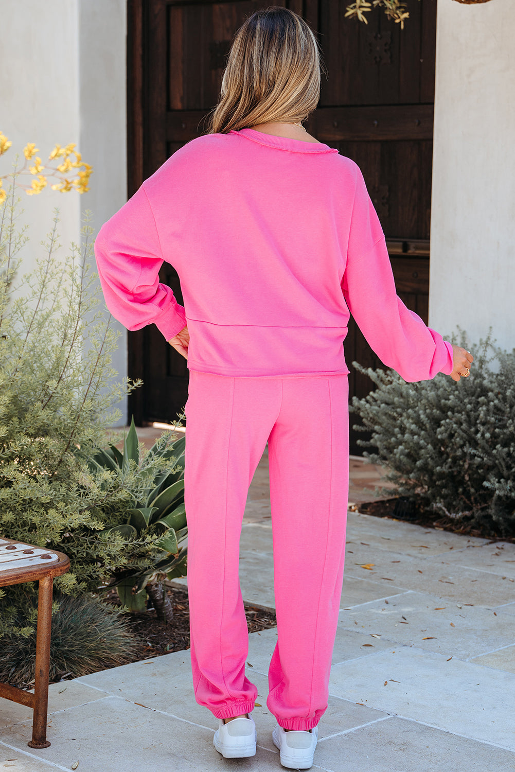 Bright Pink Raw Edge Half Buttons Pullover and Jogger Pants Set-Two Piece Sets/Pant Sets-[Adult]-[Female]-2022 Online Blue Zone Planet