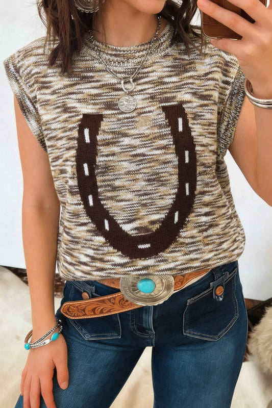 Brown Western Horseshoe Printed Round Neck Sweater Vest-TOPS / DRESSES-[Adult]-[Female]-Brown-S-2022 Online Blue Zone Planet