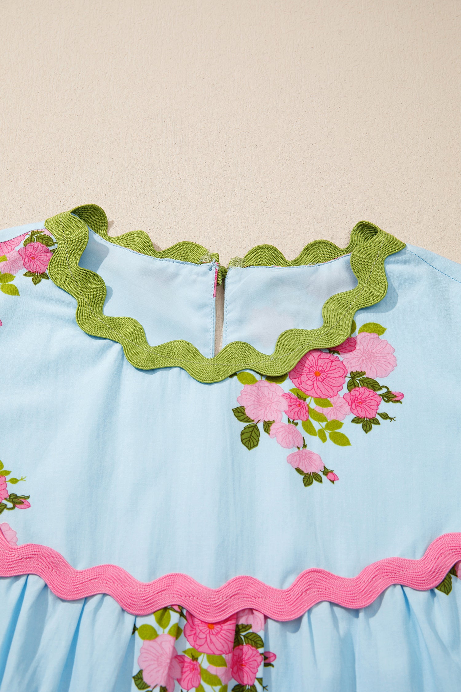Sky Blue Floral Printed Contrast Ricrac Detail Bubble Sleeve Dress-TOPS / DRESSES-[Adult]-[Female]-2022 Online Blue Zone Planet