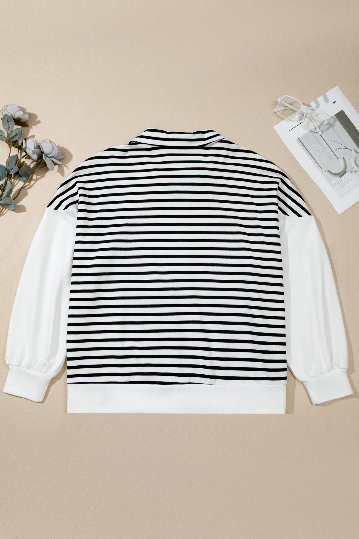 White Stripe Striped Colorblock V Neck Long Sleeve Shift Plus Size Blouse-Plus Size/Plus Size Tops/Plus Size Long Sleeve Tops-[Adult]-[Female]-2022 Online Blue Zone Planet