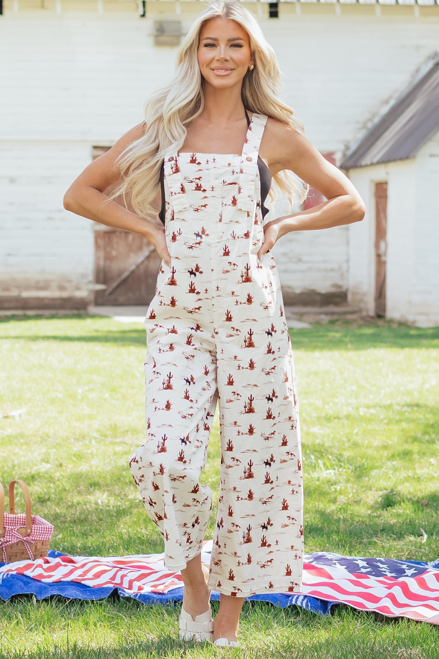 Beige Western Printed Button Adjustable Straps Loose Jumpsuit Dungarees-Bottoms/Jumpsuits & Rompers-[Adult]-[Female]-2022 Online Blue Zone Planet