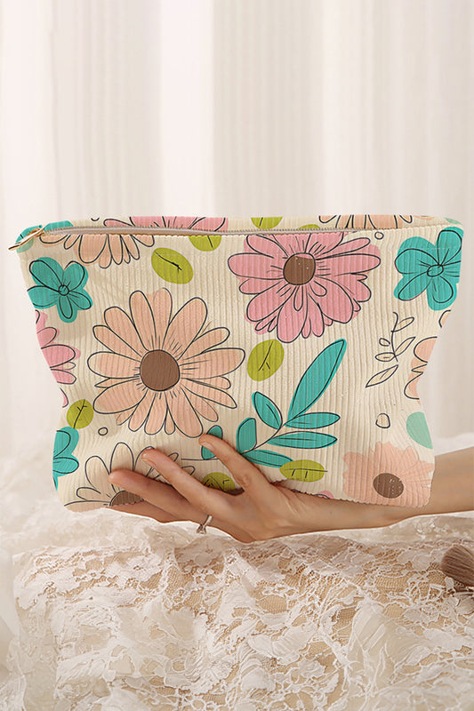 White Floral Print Corduroy Makeup Bag-Shoes & Bags/Makeup Bags-[Adult]-[Female]-White-ONE SIZE-2022 Online Blue Zone Planet