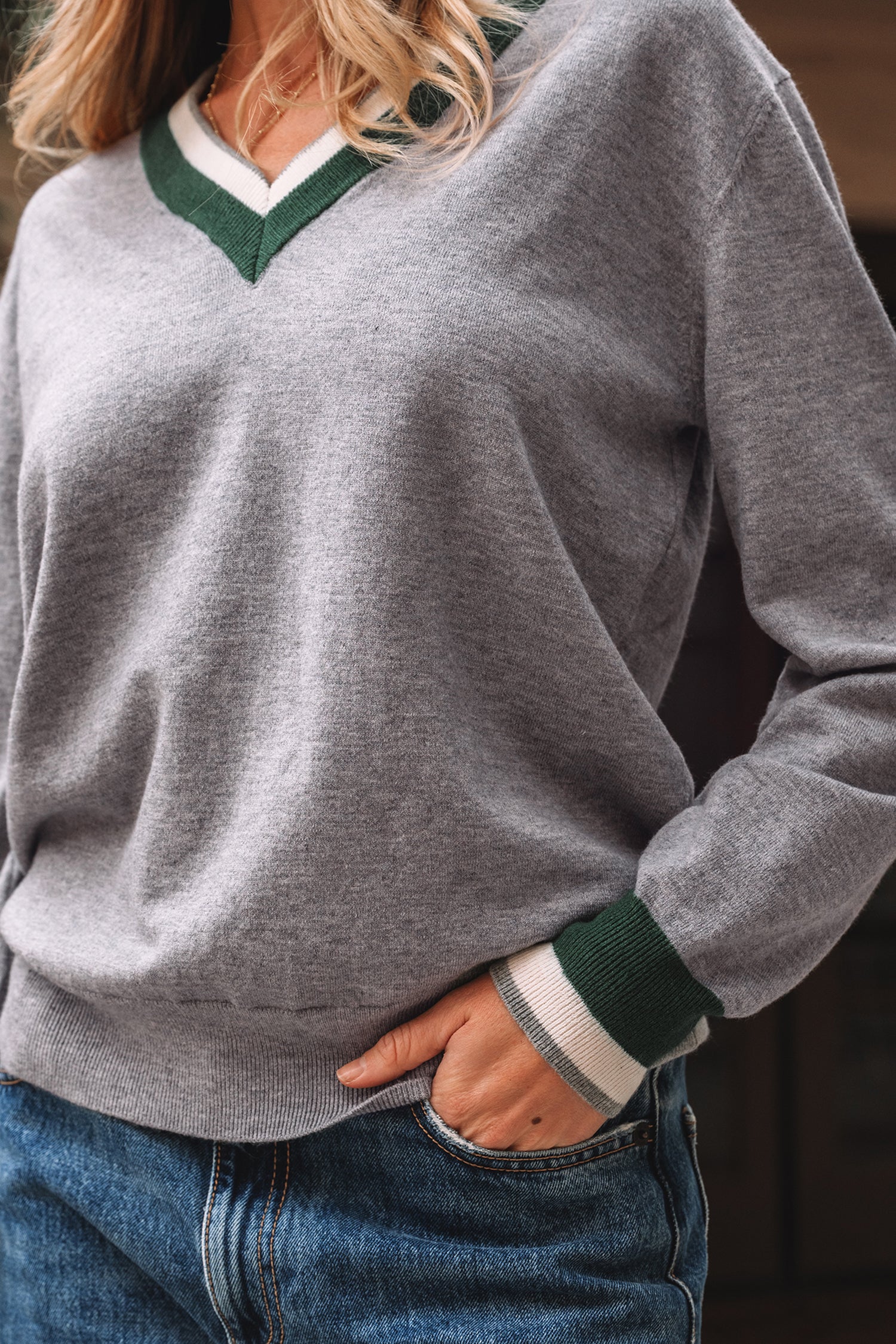 Gray Contrast Striped Trim V Neck Varsity Sweater-Sweaters & Cardigans/Sweaters-[Adult]-[Female]-2022 Online Blue Zone Planet