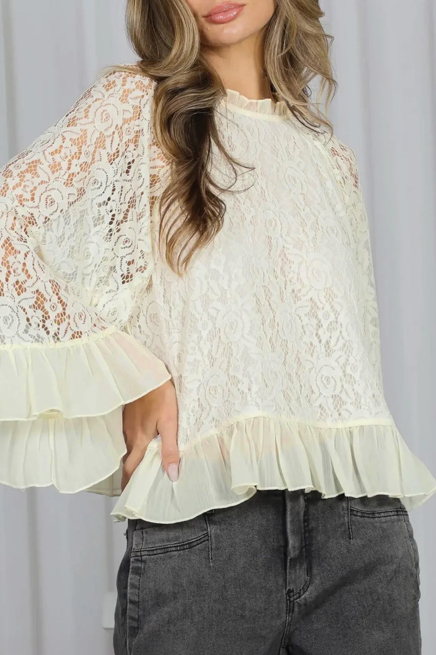 White Sheer Lace Long Sleeve Ruffle Trim Loose Blouse-Tops/Blouses & Shirts-[Adult]-[Female]-2022 Online Blue Zone Planet