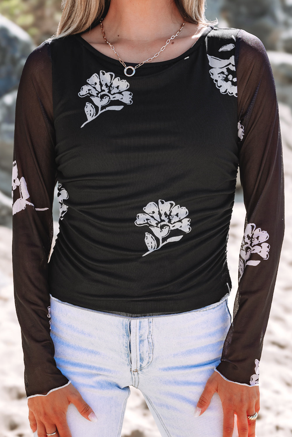 Black Floral Mesh Lettuce Edge Ruched Slim Long Sleeve Top-Tops/Long Sleeve Tops-[Adult]-[Female]-2022 Online Blue Zone Planet
