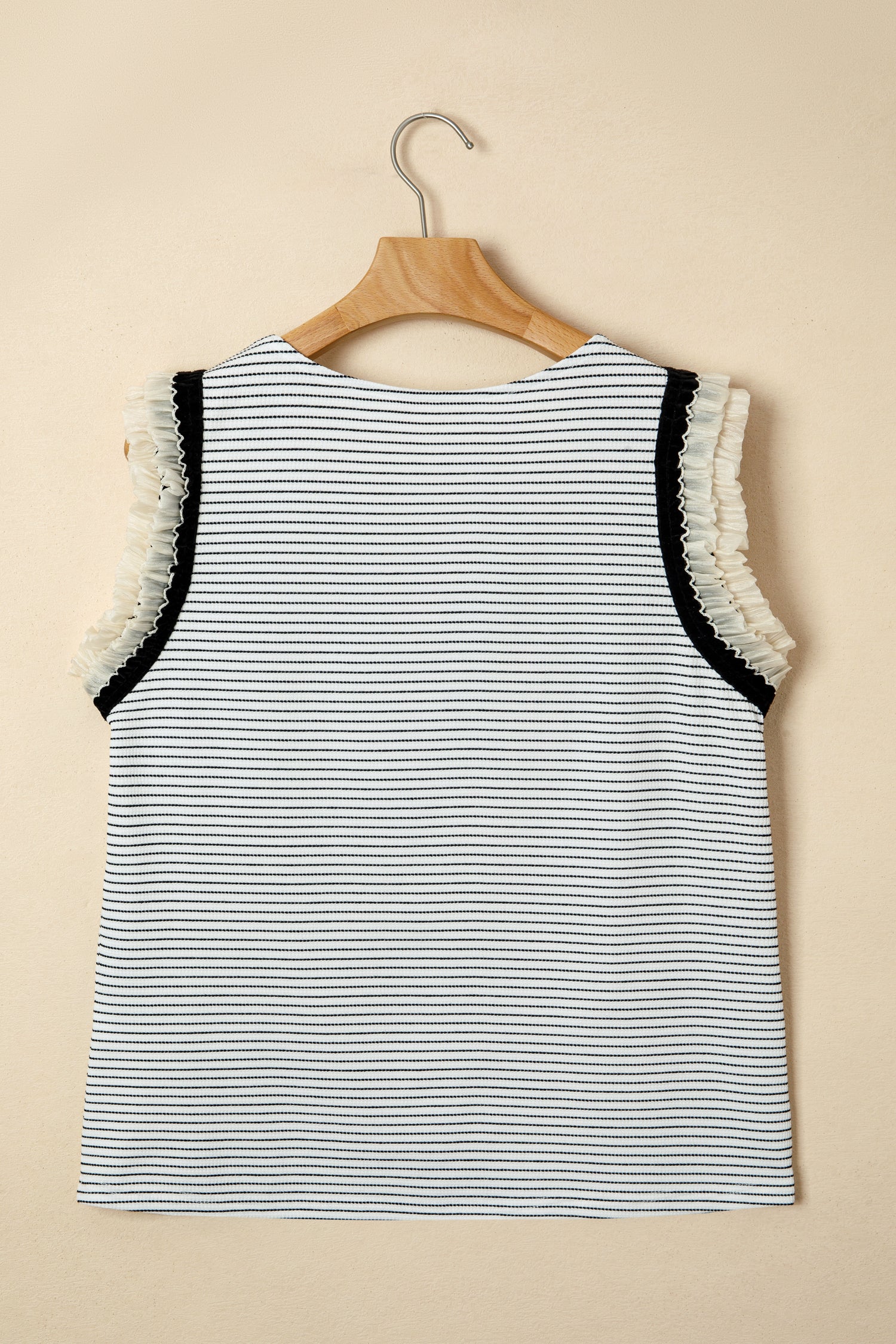 Black Stripe Contrasted Ruffle Trim Casual Tank Top-Tops/Tank Tops-[Adult]-[Female]-2022 Online Blue Zone Planet