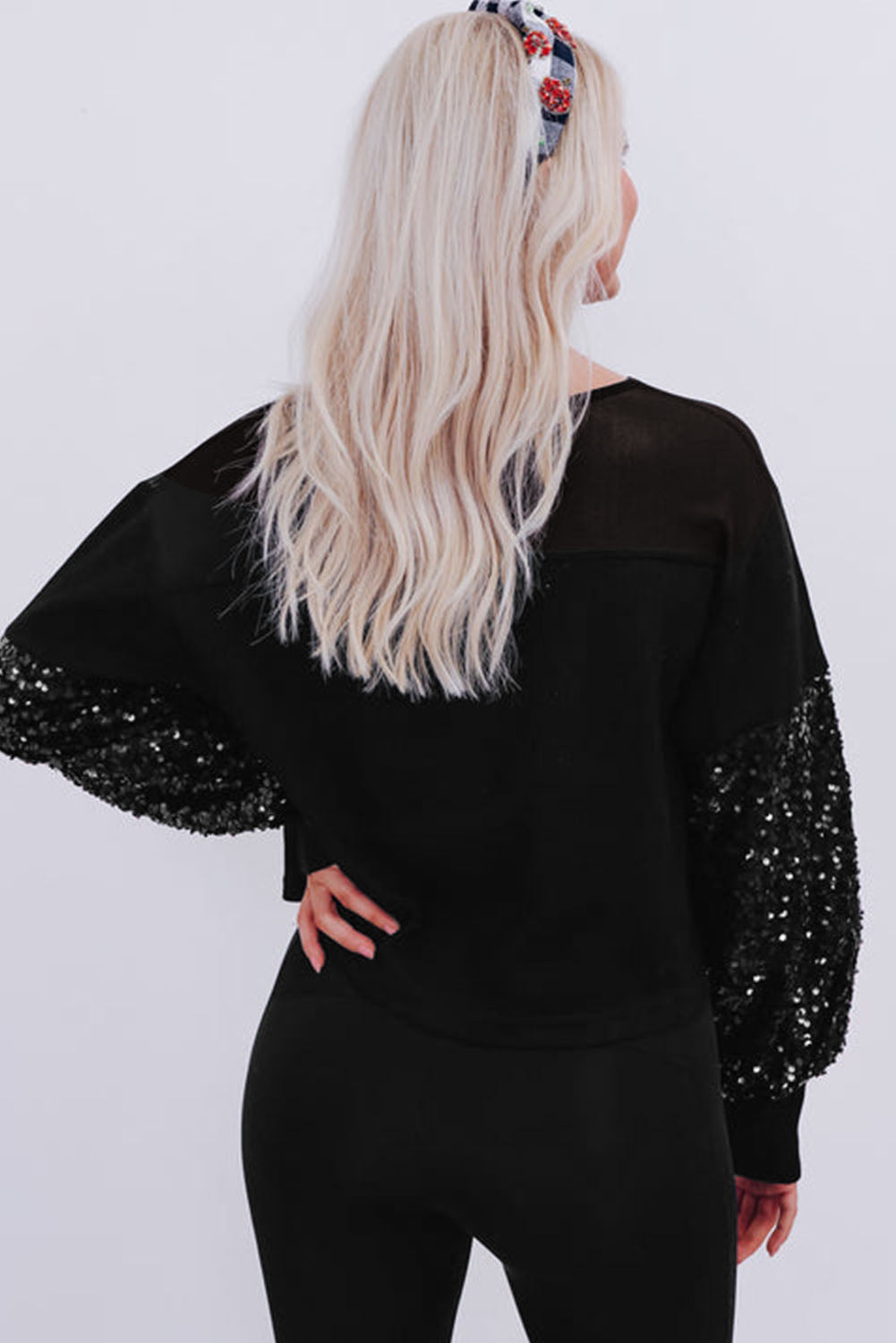 Black Sequin Patchwork Lantern Sleeve Blouse-Tops/Blouses & Shirts-[Adult]-[Female]-2022 Online Blue Zone Planet