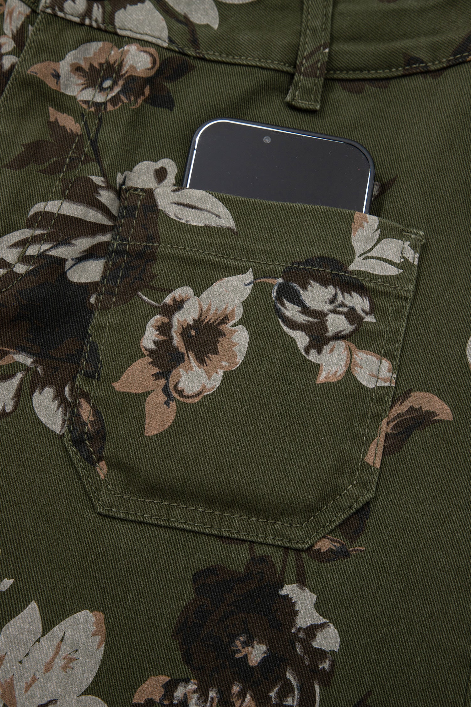 Green Vintage Floral Print Square Patch Pocket Raw Hem Shift Jeans-Bottoms/Jeans-[Adult]-[Female]-2022 Online Blue Zone Planet
