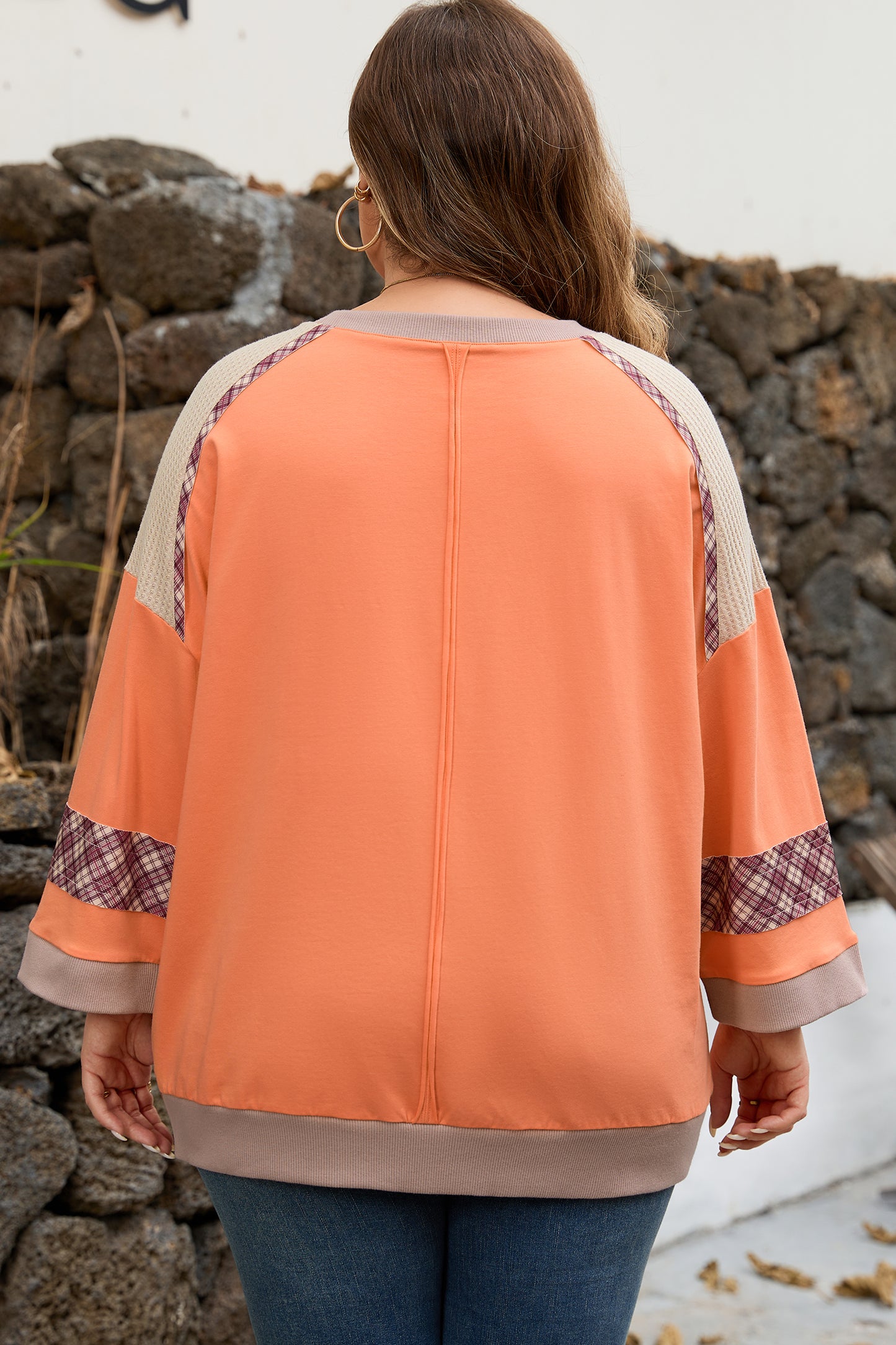 Grapefruit Orange Plaid Flower Waffle Patched Plus Size 3/4 Sleeve Top-Plus Size/Plus Size Tops/Plus Size Long Sleeve Tops-[Adult]-[Female]-2022 Online Blue Zone Planet