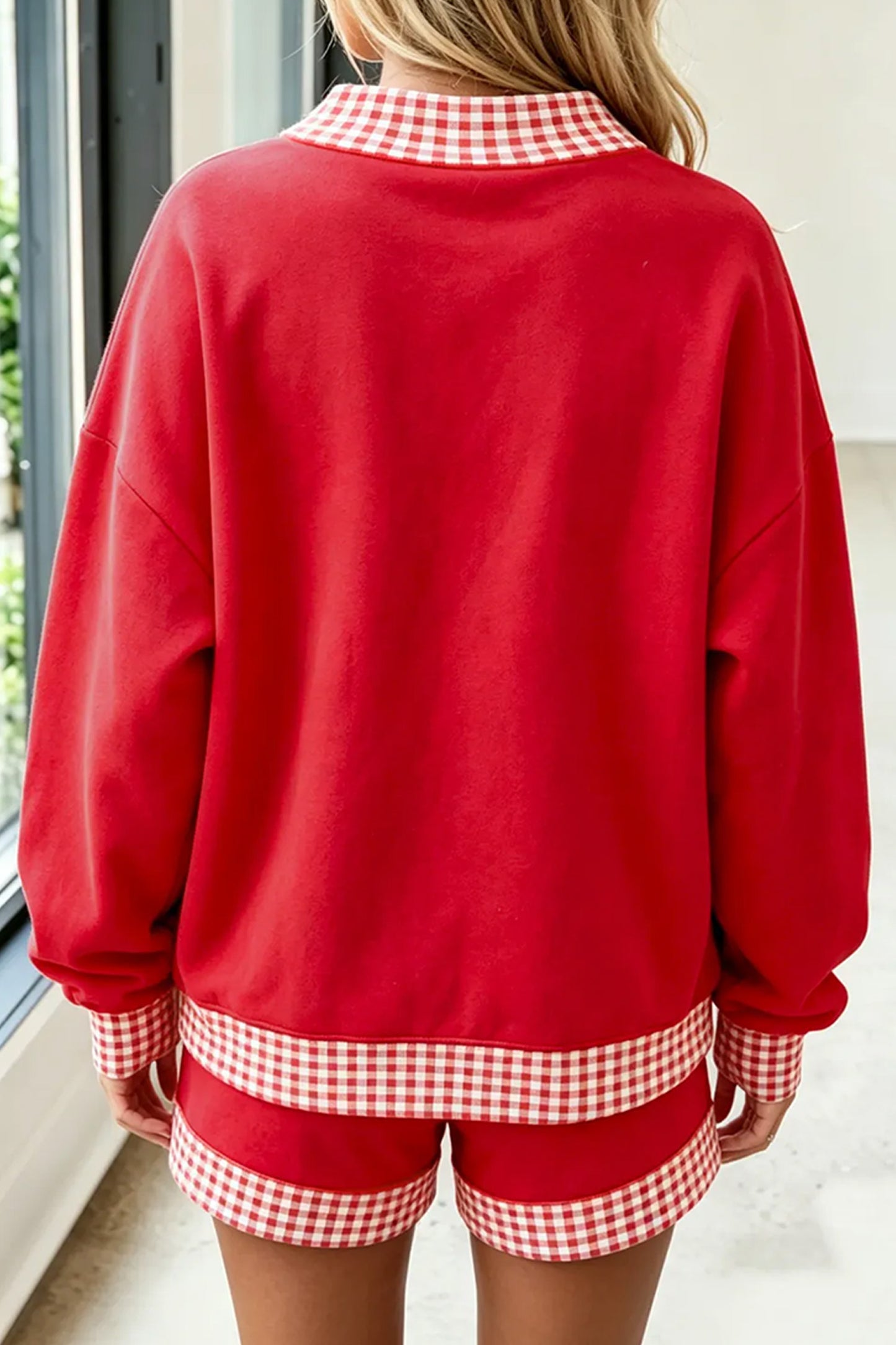 Fiery Red Game Day Gingham Trim Graphic Long Sleeve Top Shorts Set-Graphic/Graphic Sets-[Adult]-[Female]-2022 Online Blue Zone Planet