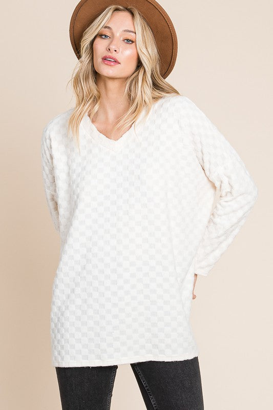 Blue Zone Planet | BOMBOM Checkered Long Sleeve V-Neck T-Shirt-TOPS / DRESSES-[Adult]-[Female]-White-S-2022 Online Blue Zone Planet