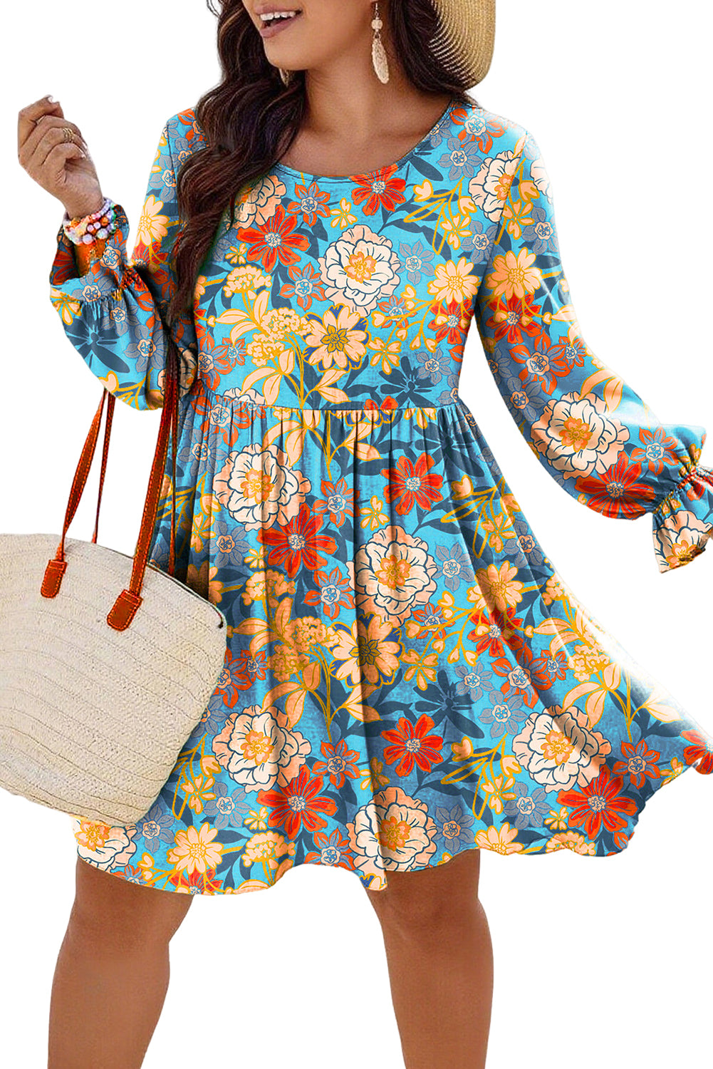 Blue Plus Size Floral Ruffled Long Sleeve Flowy Mini Dress-Plus Size/Plus Size Dresses/Plus Size Mini Dresses-[Adult]-[Female]-2022 Online Blue Zone Planet
