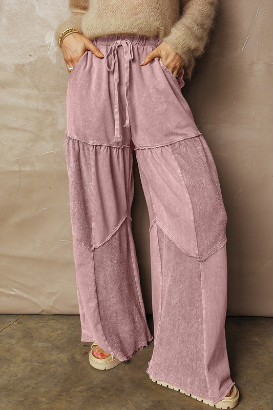 Straw Yellow Mineral Wash Tiered Wide Leg Patchwork Drawstring Pants-Bottoms/Pants & Culotte-[Adult]-[Female]-Straw Yellow-S-2022 Online Blue Zone Planet