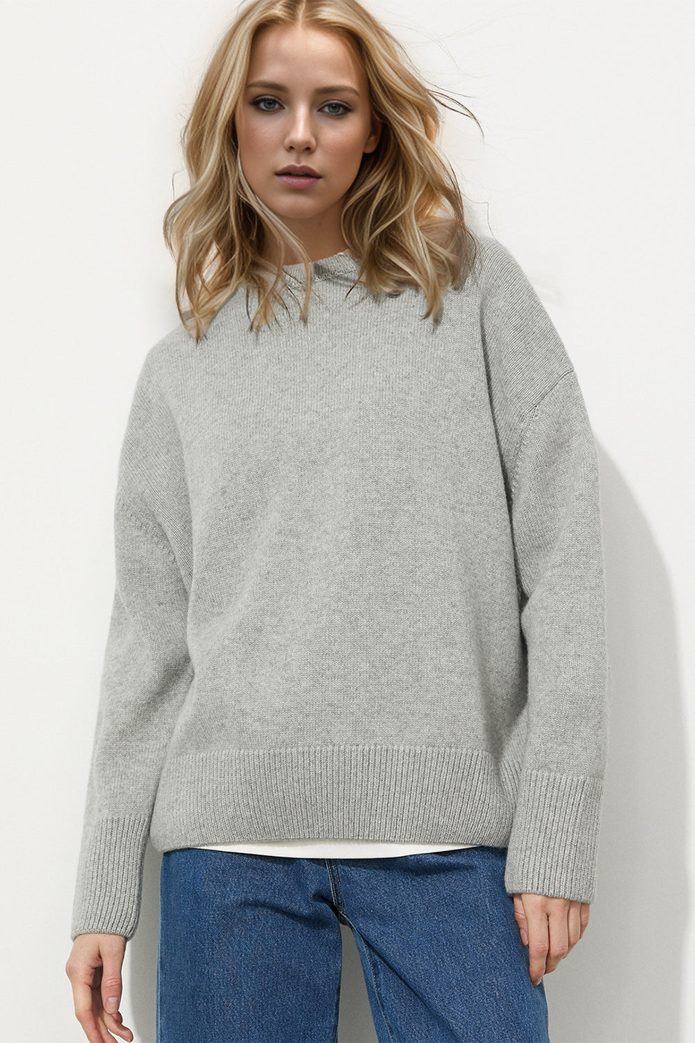 Basic Bae Round Neck Dropped Shoulder Long Sleeve Sweater-TOPS / DRESSES-[Adult]-[Female]-Light Gray-One Size-2022 Online Blue Zone Planet