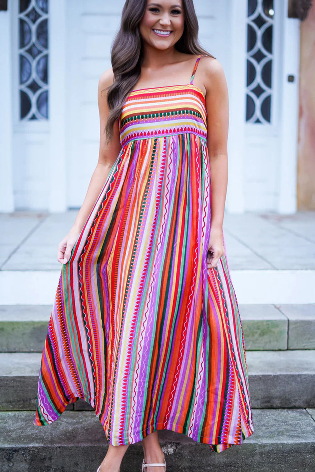 Blue Zone Planet |  Marisol's Multicolour Striped Thin Straps Smocked Back Boho Maxi Dress Blue Zone Planet