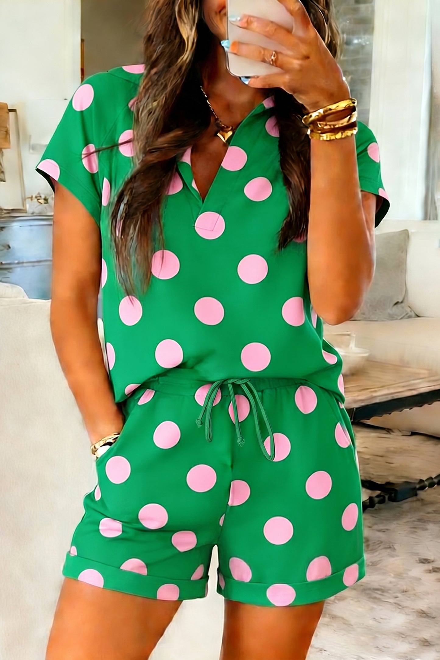 Beige Polka Dot Print V Neck Tee Short Set-Two Piece Sets/Short Sets-[Adult]-[Female]-2022 Online Blue Zone Planet