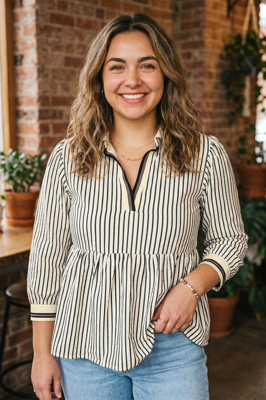 Black Stripe Patchwork Striped V Neck Tunic Plus Size Blouse-Plus Size/Plus Size Tops/Plus Size Blouses & Shirts-[Adult]-[Female]-Black Stripe-1X-2022 Online Blue Zone Planet