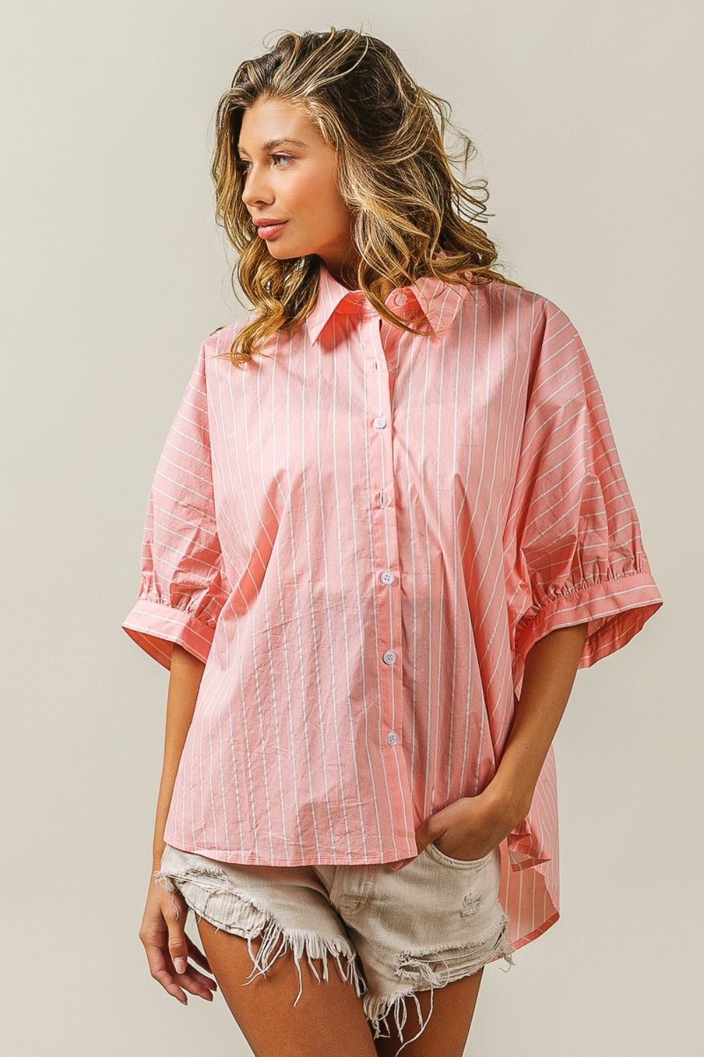 BiBi Button Up Striped Dolman Sleeve Shirt-TOPS / DRESSES-[Adult]-[Female]-2022 Online Blue Zone Planet