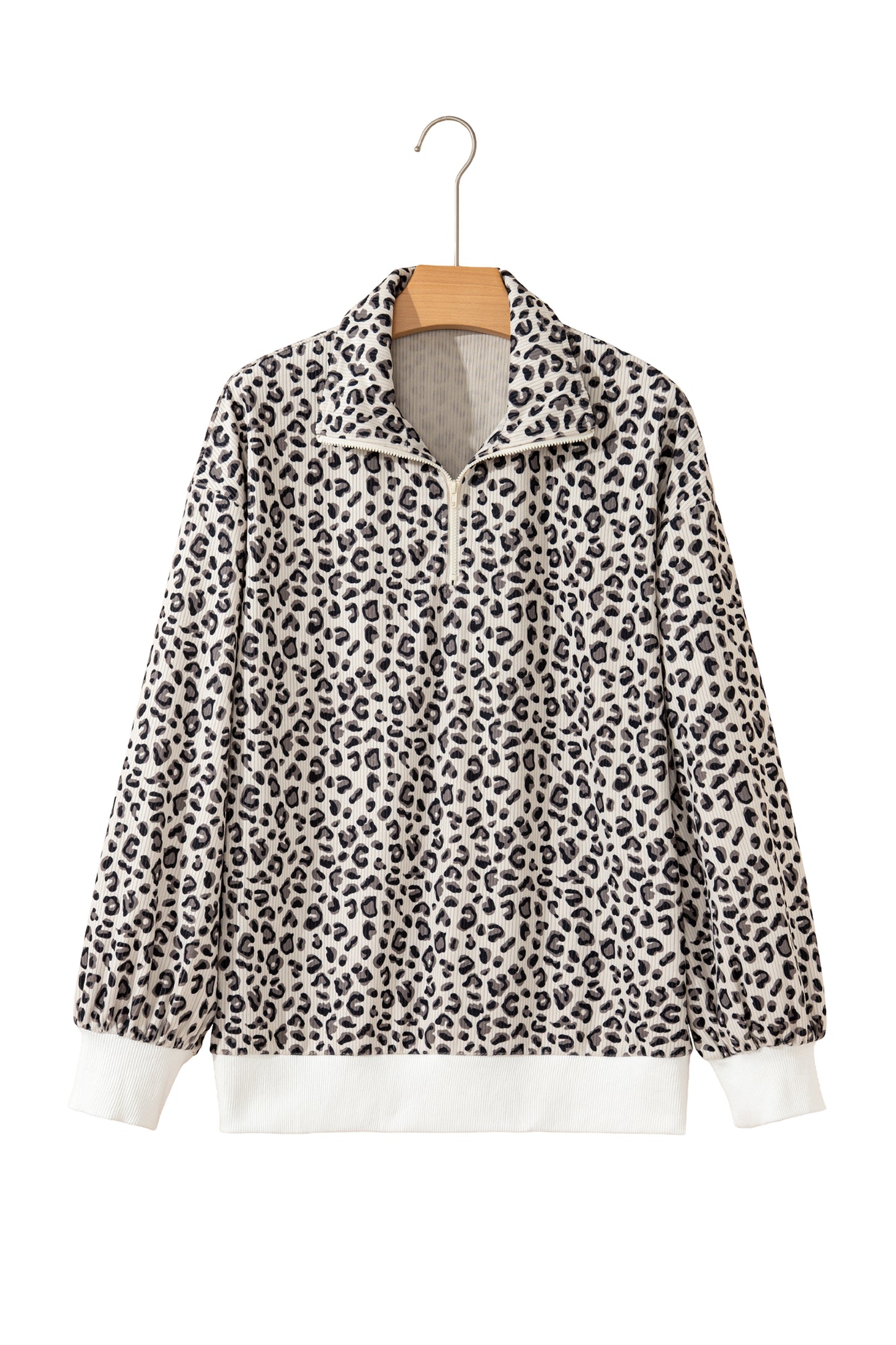 Beige Leopard Print Quarter Zip Corduroy Sweatshirt-Tops/Sweatshirts & Hoodies-[Adult]-[Female]-2022 Online Blue Zone Planet