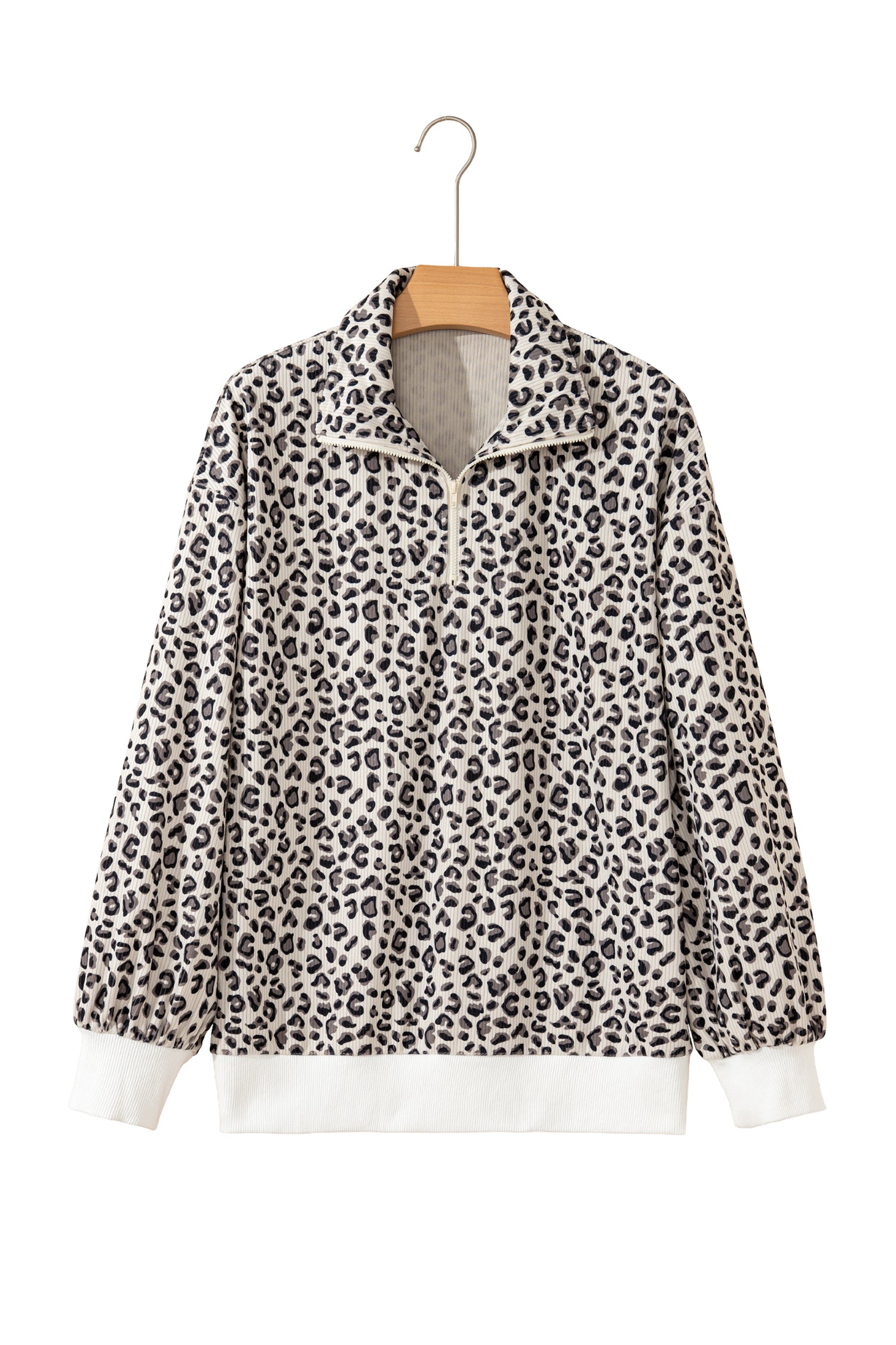 Beige Leopard Print Quarter Zip Corduroy Sweatshirt-Tops/Sweatshirts & Hoodies-[Adult]-[Female]-2022 Online Blue Zone Planet