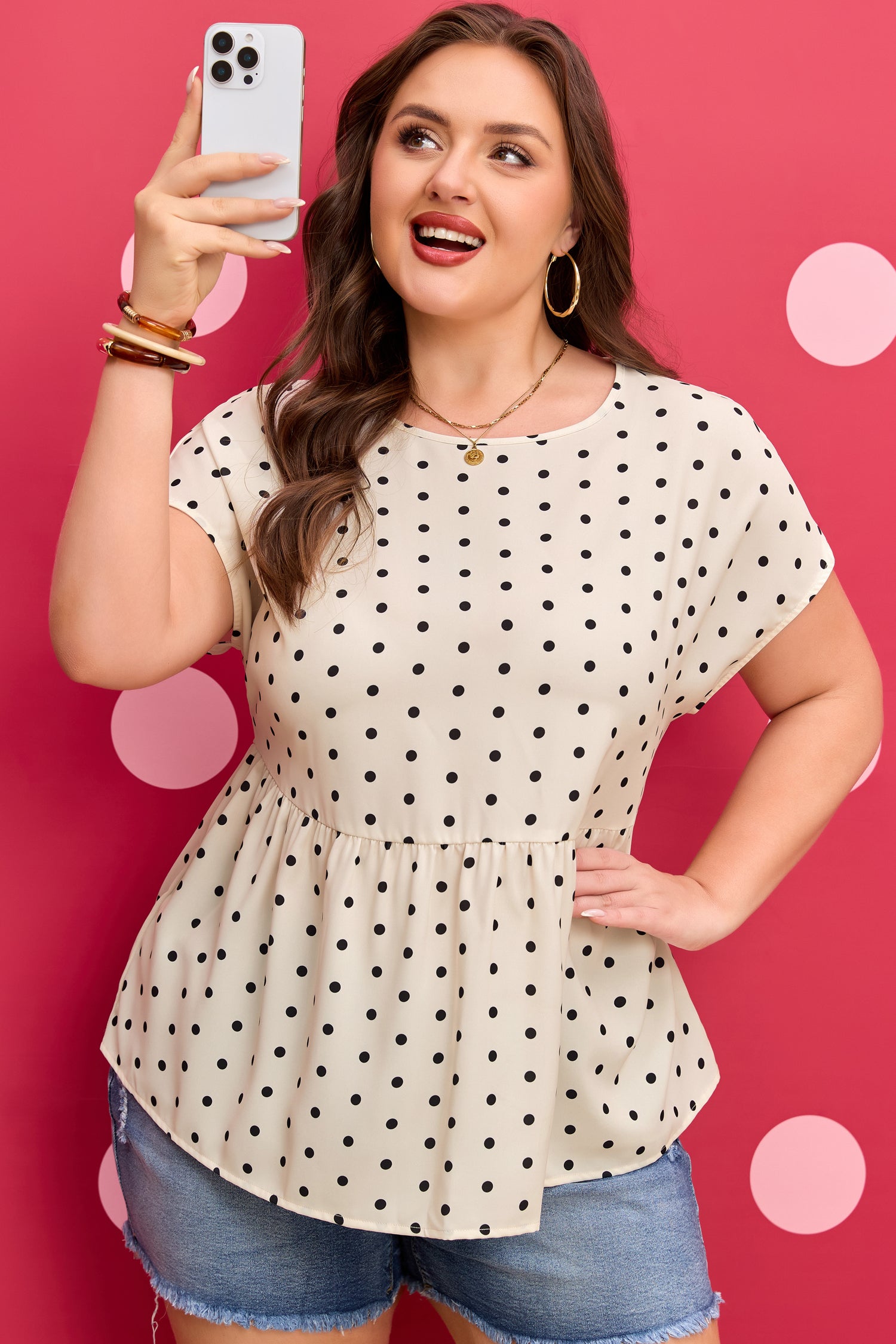 Apricot Plus Size Polka Dot Print Button Detail Short Sleeve Babydoll Blouse-Plus Size/Plus Size Tops/Plus Size Blouses & Shirts-[Adult]-[Female]-2022 Online Blue Zone Planet
