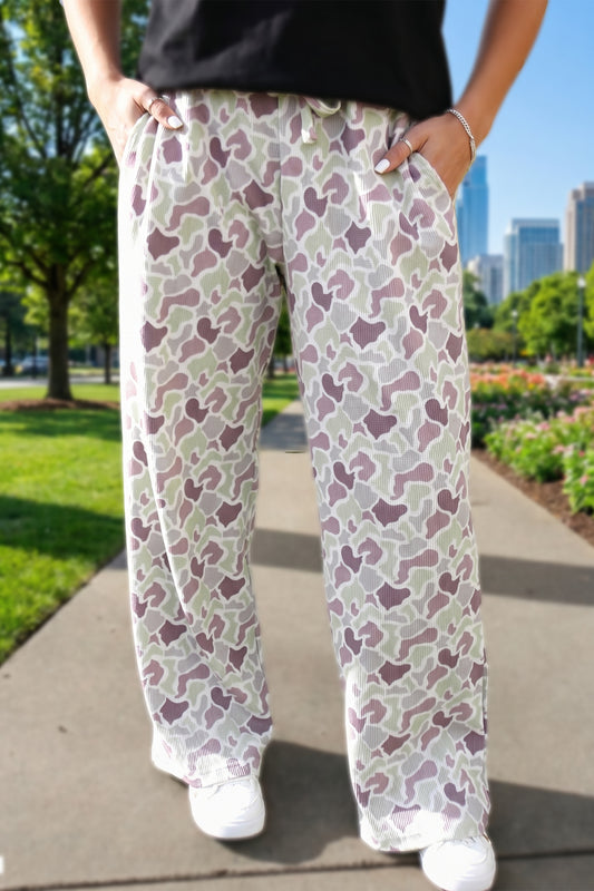 Green Camo Print Drawstring Waist Loose Fit Full Length Pants-Bottoms/Pants & Culotte-[Adult]-[Female]-Green-S-2022 Online Blue Zone Planet