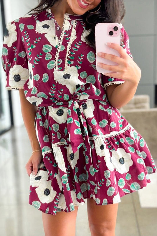 Red Floral Print Trimmed Short Puff Sleeve Mini Dress with Belt-Dresses/Floral Dresses-[Adult]-[Female]-Red-S-2022 Online Blue Zone Planet