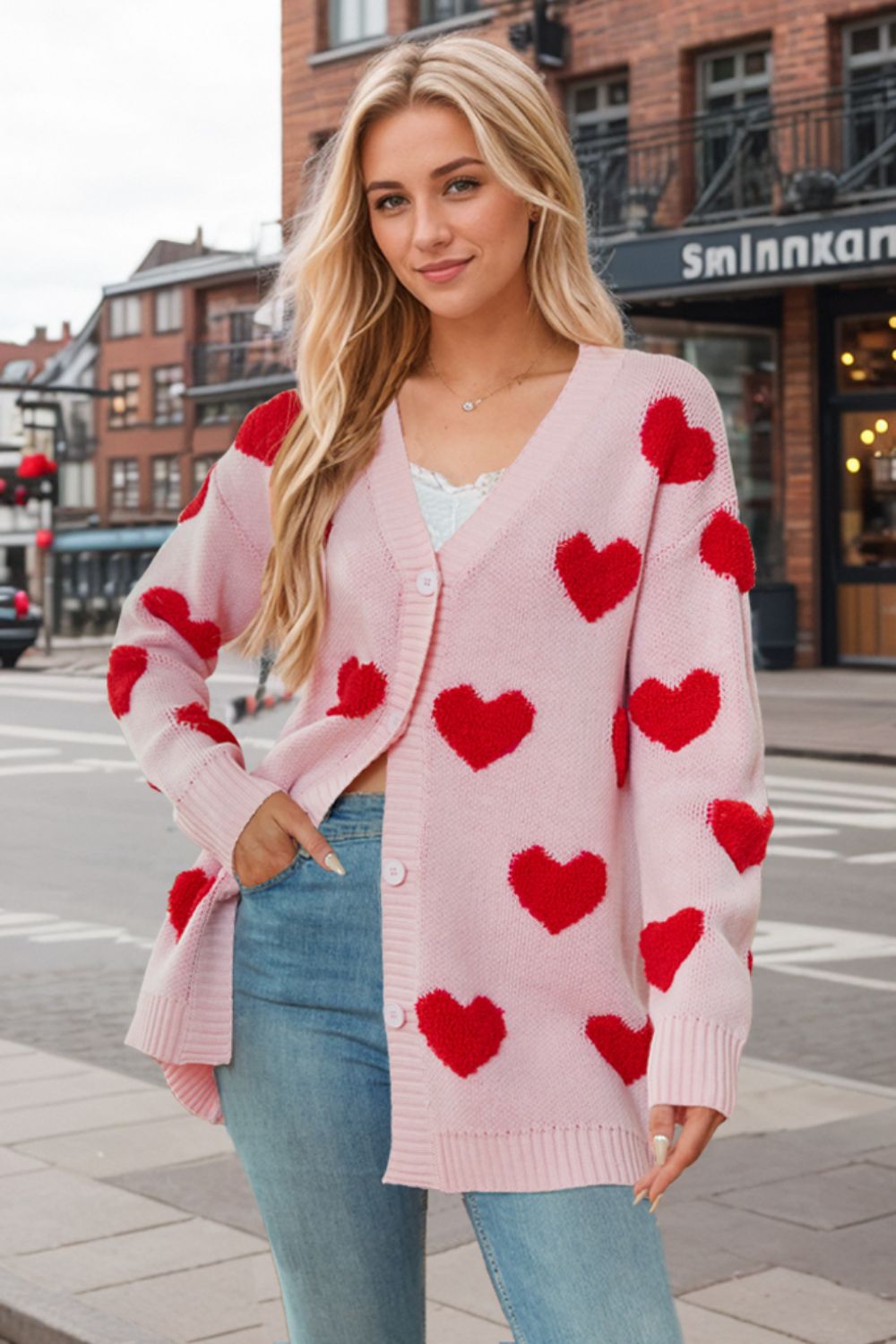 Blue Zone Planet | Heart Button Down Long Sleeve Cardigan-TOPS / DRESSES-[Adult]-[Female]-Pink-S-2022 Online Blue Zone Planet