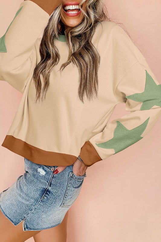 Parchment Star Patchwork Exposed Seam Oversized Sweatshirt-Sweatshirts & Hoodies-[Adult]-[Female]-Parchment-S-2022 Online Blue Zone Planet