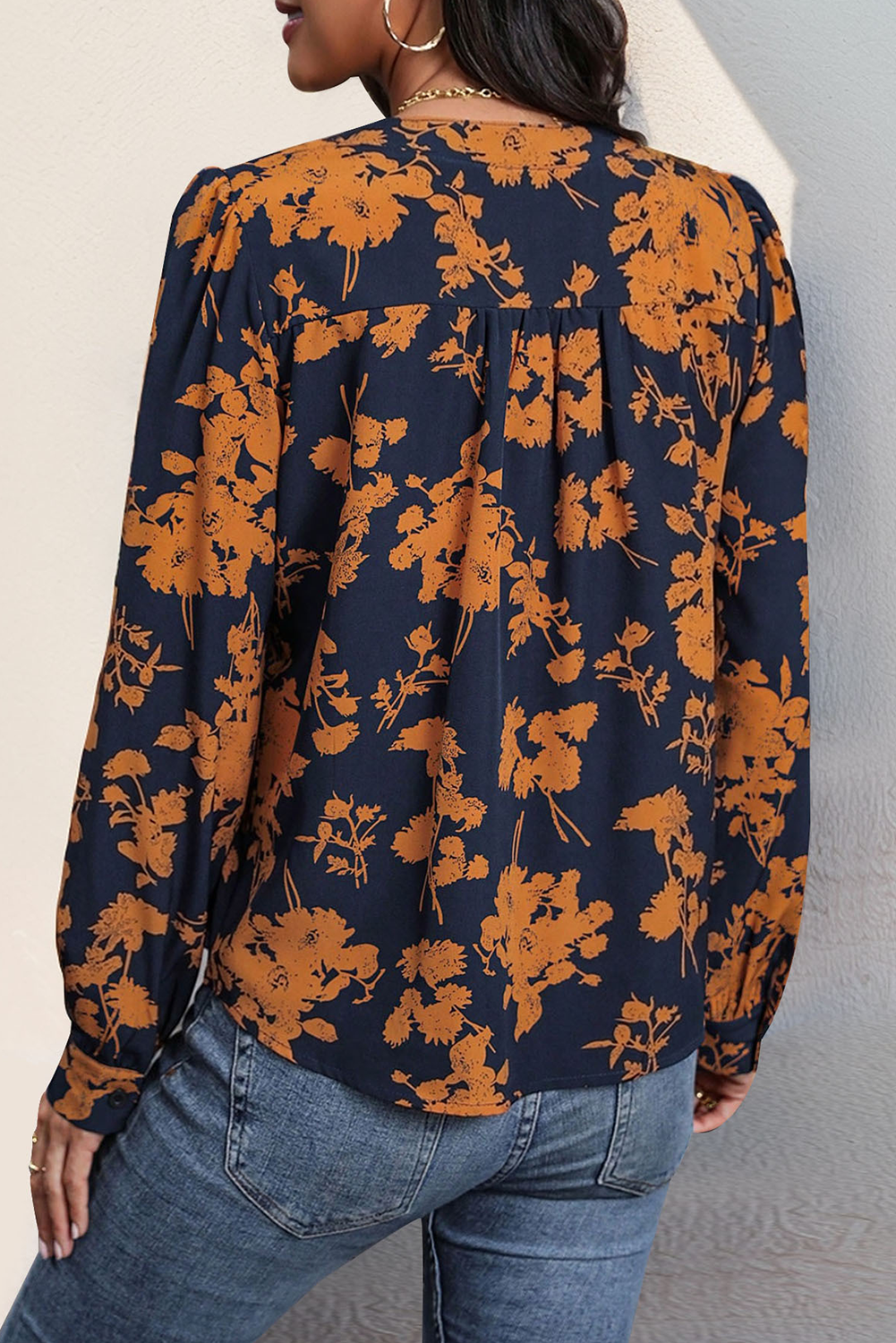 Navy Blue Floral Print Long Sleeve Blouse-Blouses-[Adult]-[Female]-2022 Online Blue Zone Planet