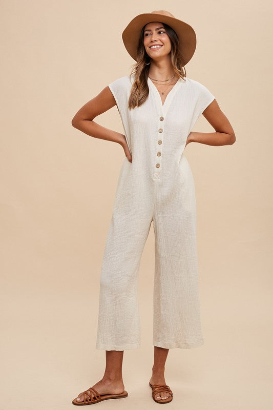 Annie Wear Button Detail Wide Leg Jumpsuit with Pockets-TOPS / DRESSES-[Adult]-[Female]-Cream-S-2022 Online Blue Zone Planet