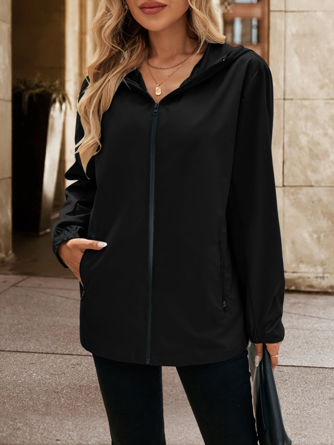 Pocketed Zip Up Hooded Jacket-TOPS / DRESSES-[Adult]-[Female]-2022 Online Blue Zone Planet