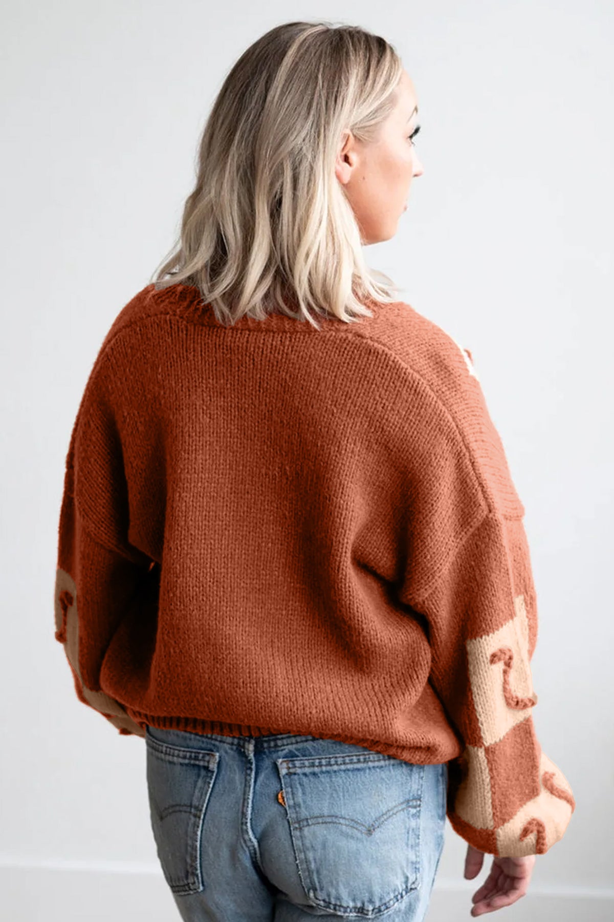 Brown Horseshoe Plaid V Neck Knit Button Front Sweater Cardigan