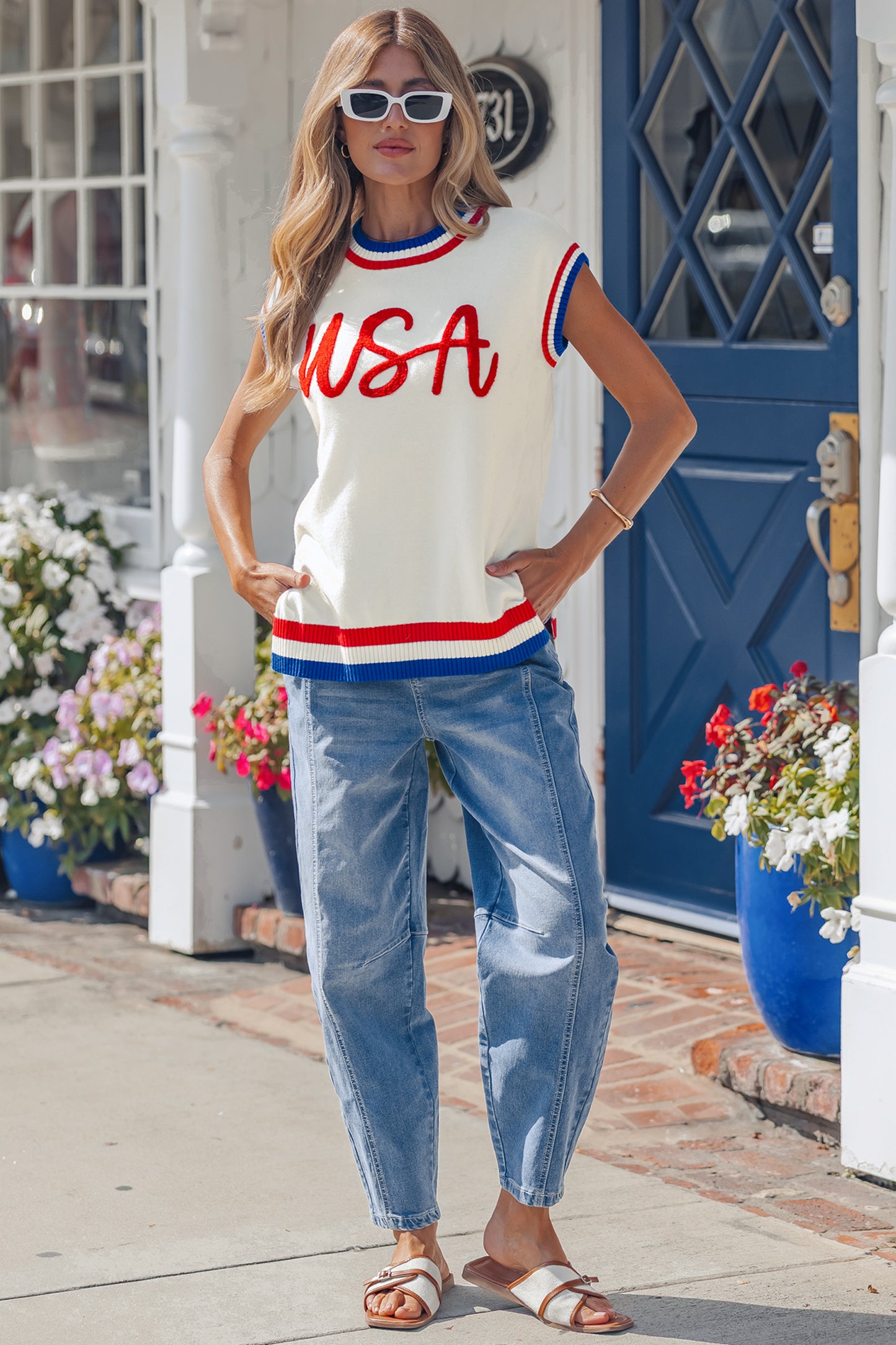 White USA Contrast Striped Trim Round Neck Short Sleeve Sweater
