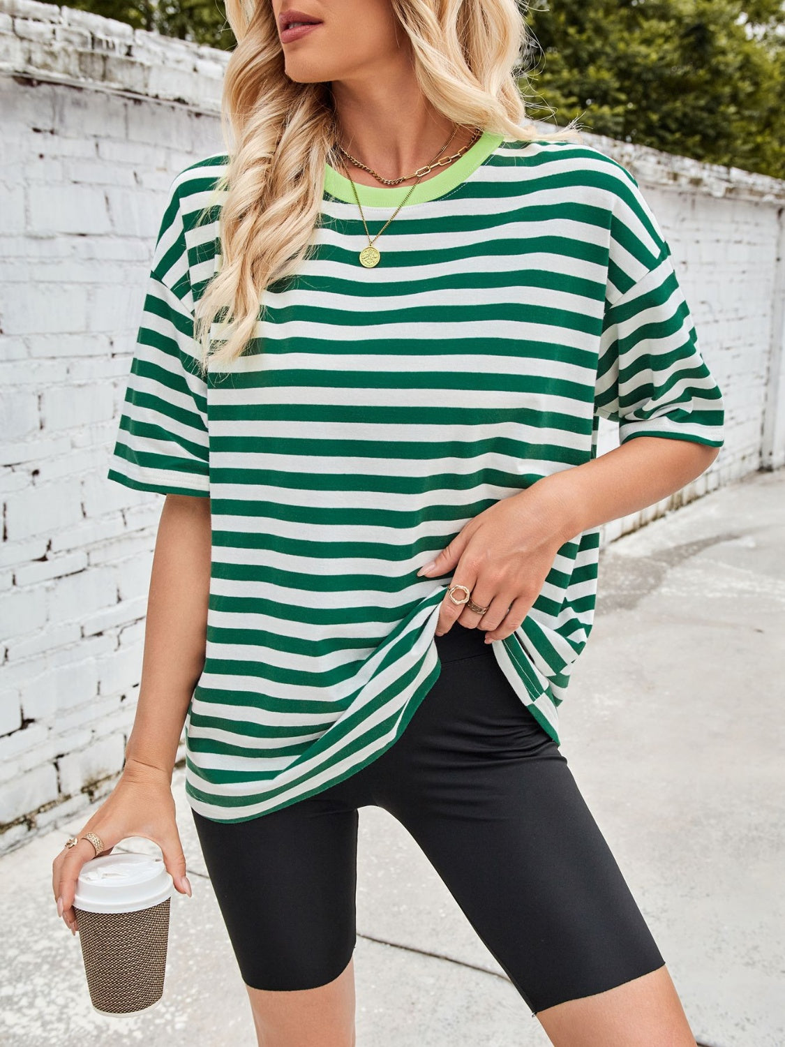 Lovelet Striped Round Neck Half Sleeve T-Shirt-TOPS / DRESSES-[Adult]-[Female]-2022 Online Blue Zone Planet