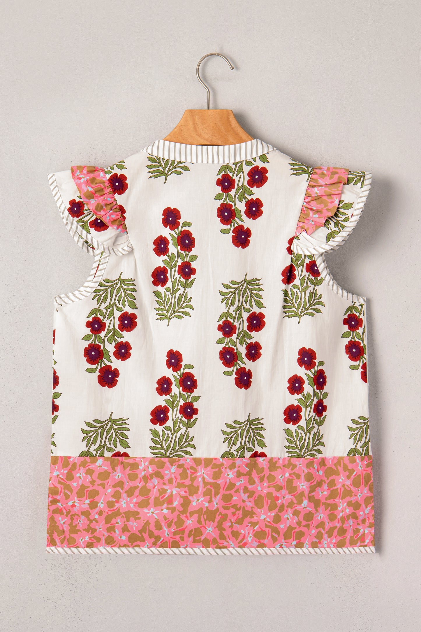 White Floral Print Contrast Striped Trim Flutter Cotton Blouse-Tops/Blouses & Shirts-[Adult]-[Female]-2022 Online Blue Zone Planet